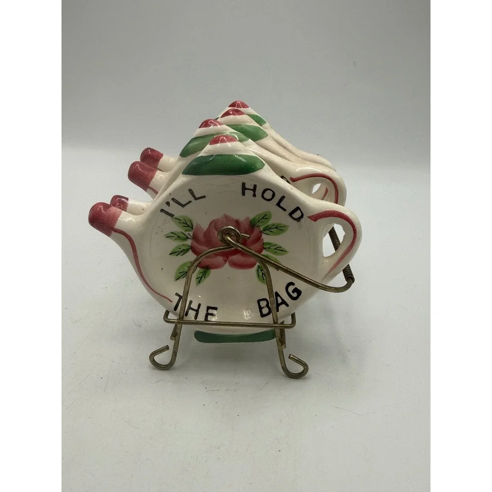 Cardinal Ceramic Tea Bag Holder Set of 4 with Metal Rack I'll Hold The Bag Rose